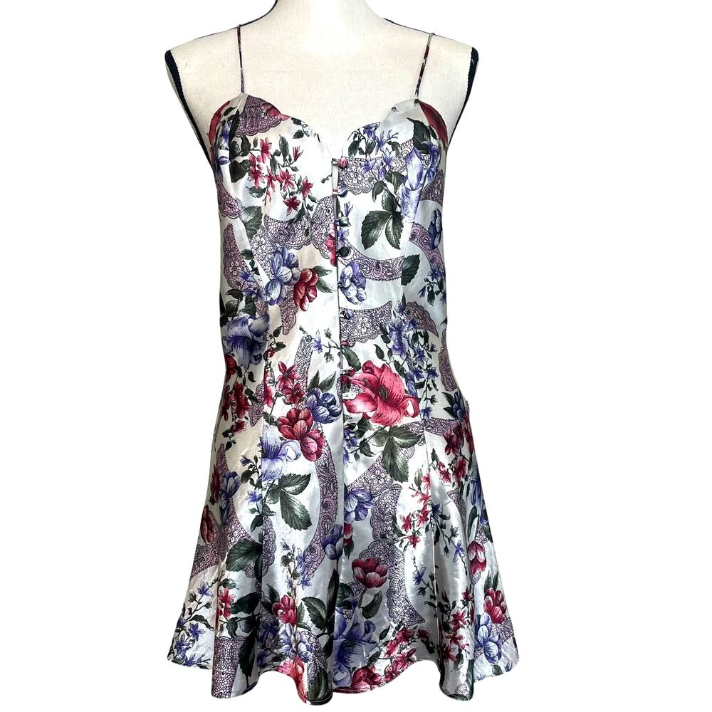 Vintage Victoria's Secret Gold Label Satin Slip Mini Dress White Floral Sz P / S